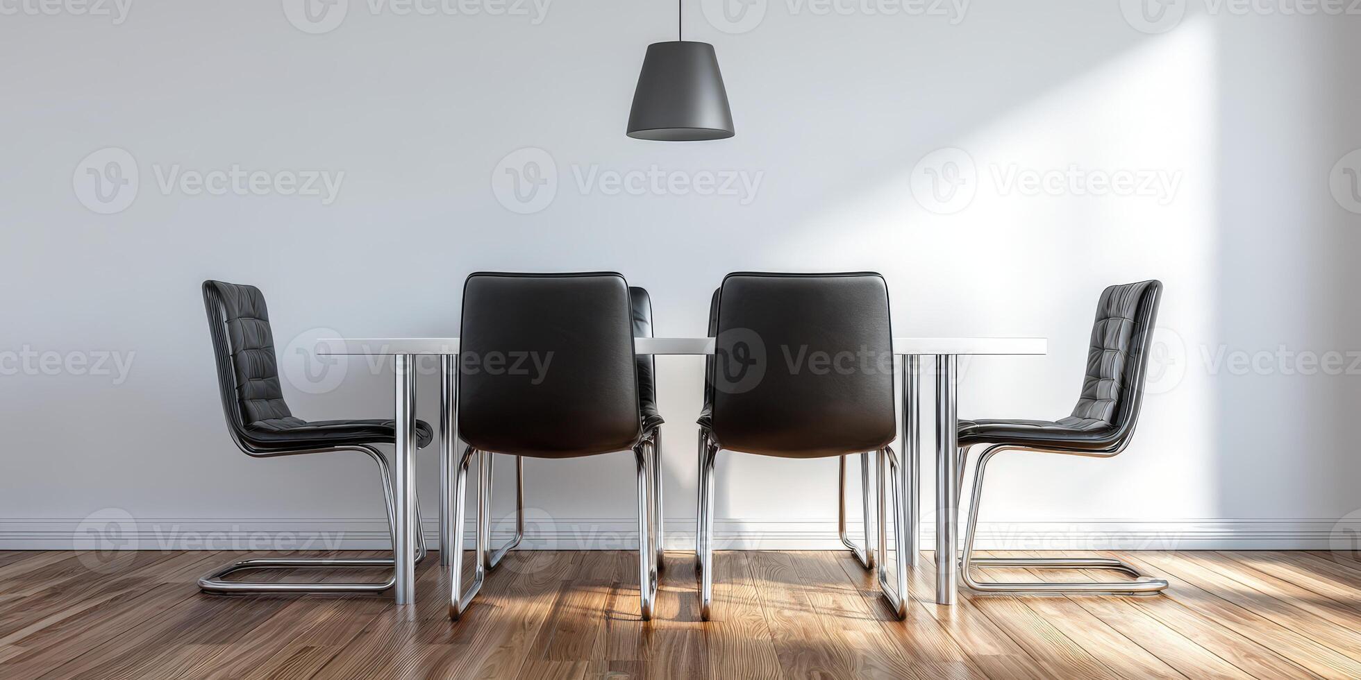 A dining room table with black chairs and a lamp photo