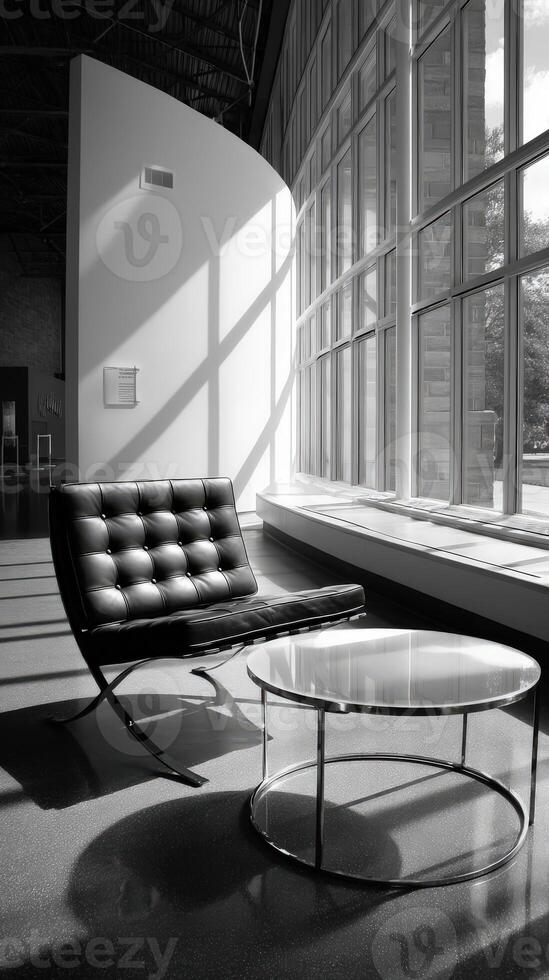 A black and white photo of a chair and table in front of a large window