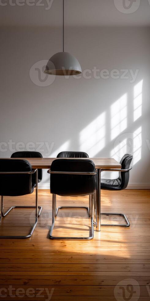 Modern Bauhaus dining space with natural light enhancing wooden floors photo