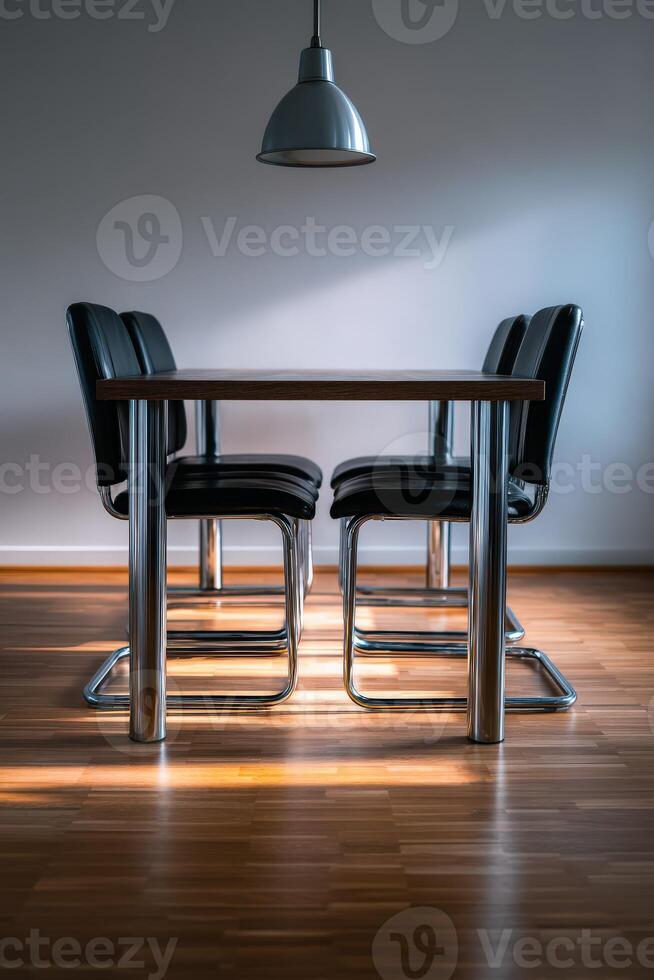 Modern dining table with sleek chairs in minimalist interior setting photo