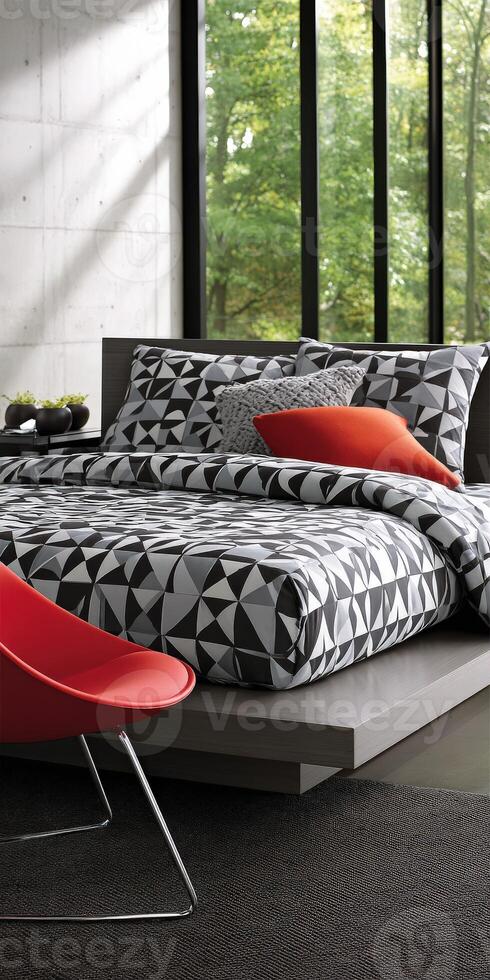 Bauhaus inspired bedroom with geometric patterns and natural light photo