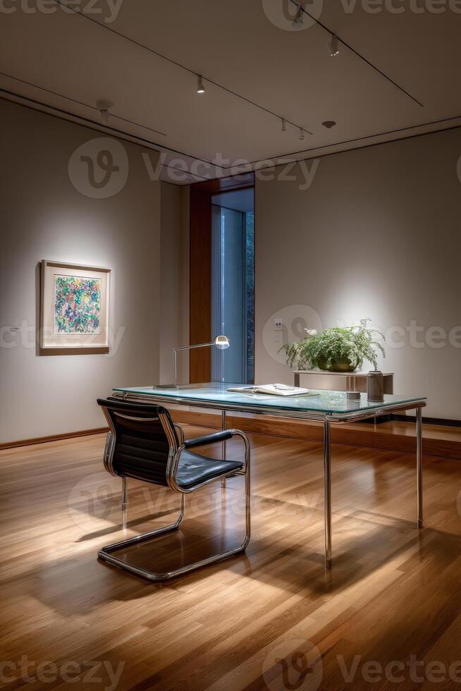 Modern workspace showcases Bauhaus design principles in tranquil setting photo