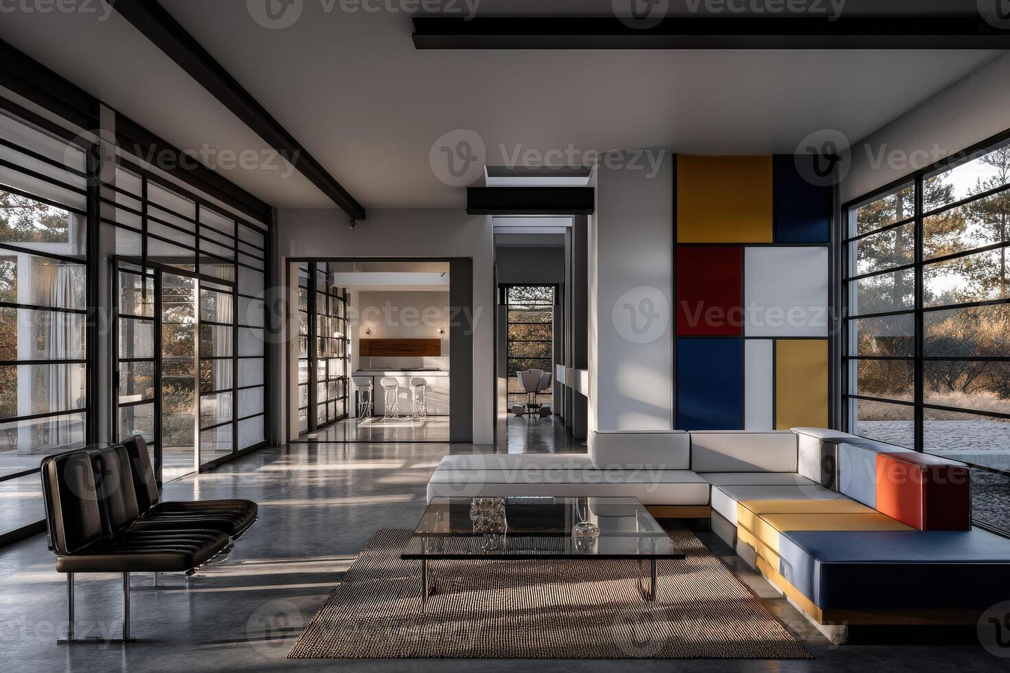 Modern interior design inspired by Bauhaus principles in warm light photo