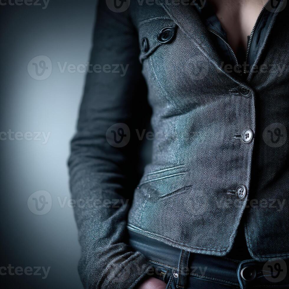 A woman wearing a jacket and jeans photo