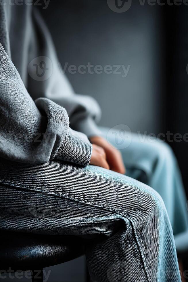 Casual moment captured in faded jeans and a cozy gray sweater photo