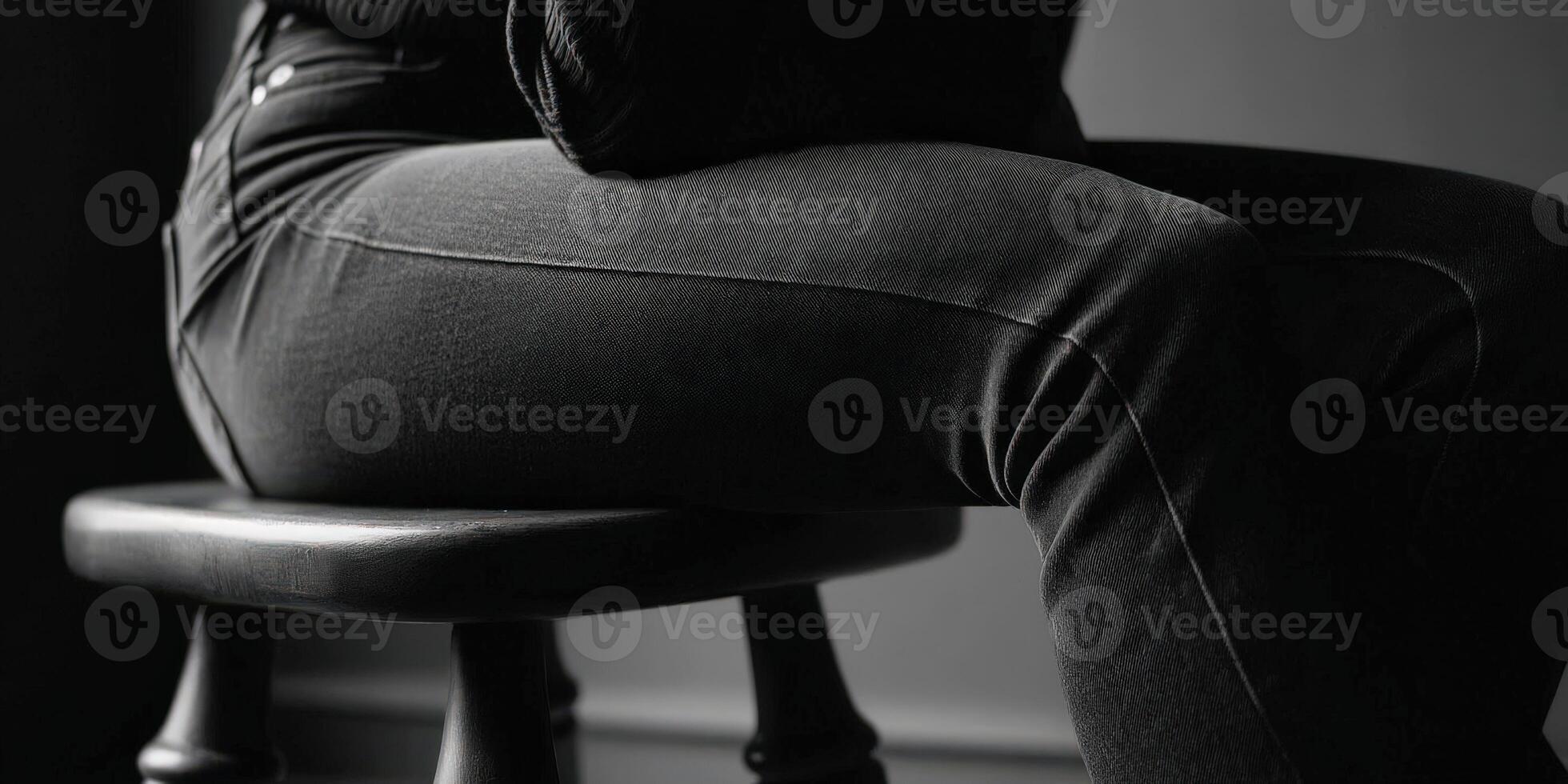 Focused view of jeans worn while seated on a stool in a minimalist space photo