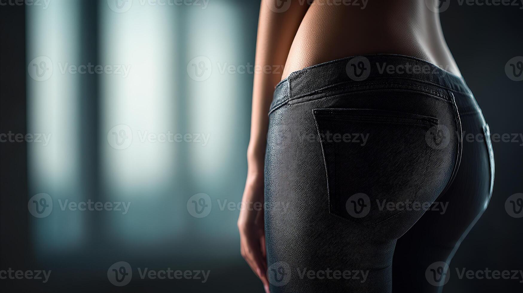 Stylish jeans worn by a person in a dimly lit setting during evening hours photo