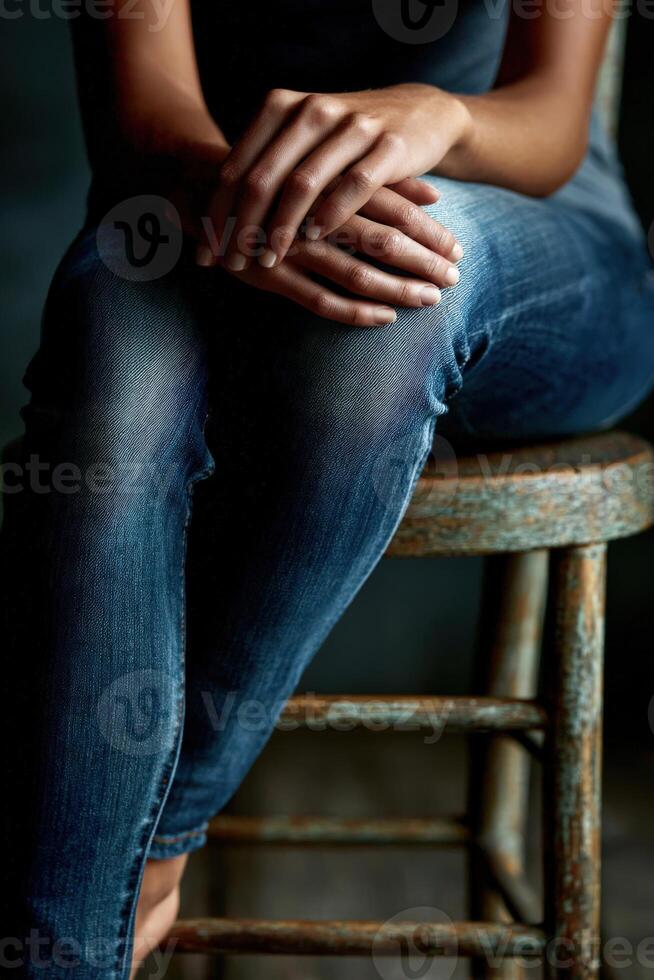 Casual pose in faded jeans on a rustic wooden stool photo