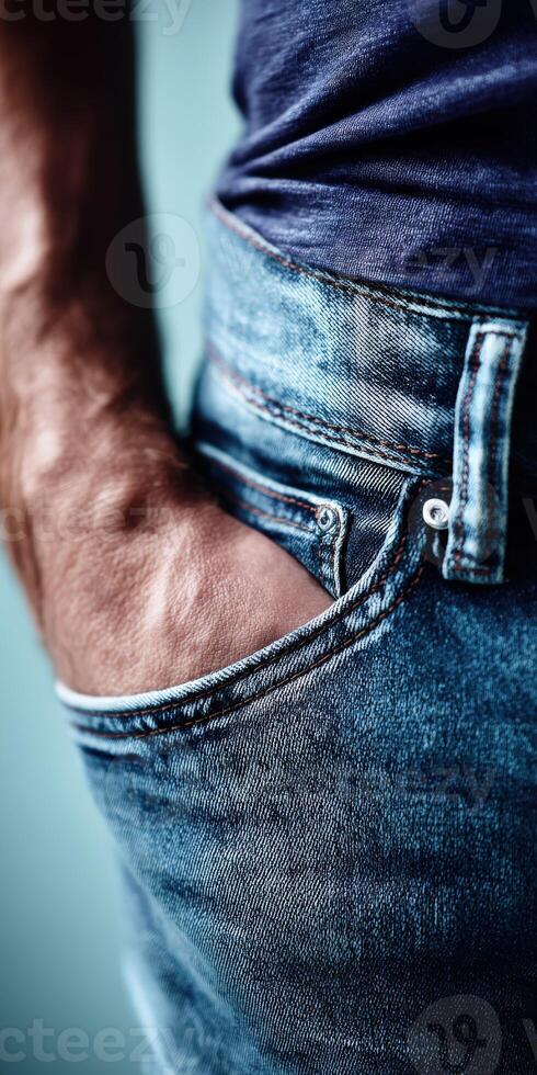 Casual close-up of jeans pocket with hand resting in fabric photo
