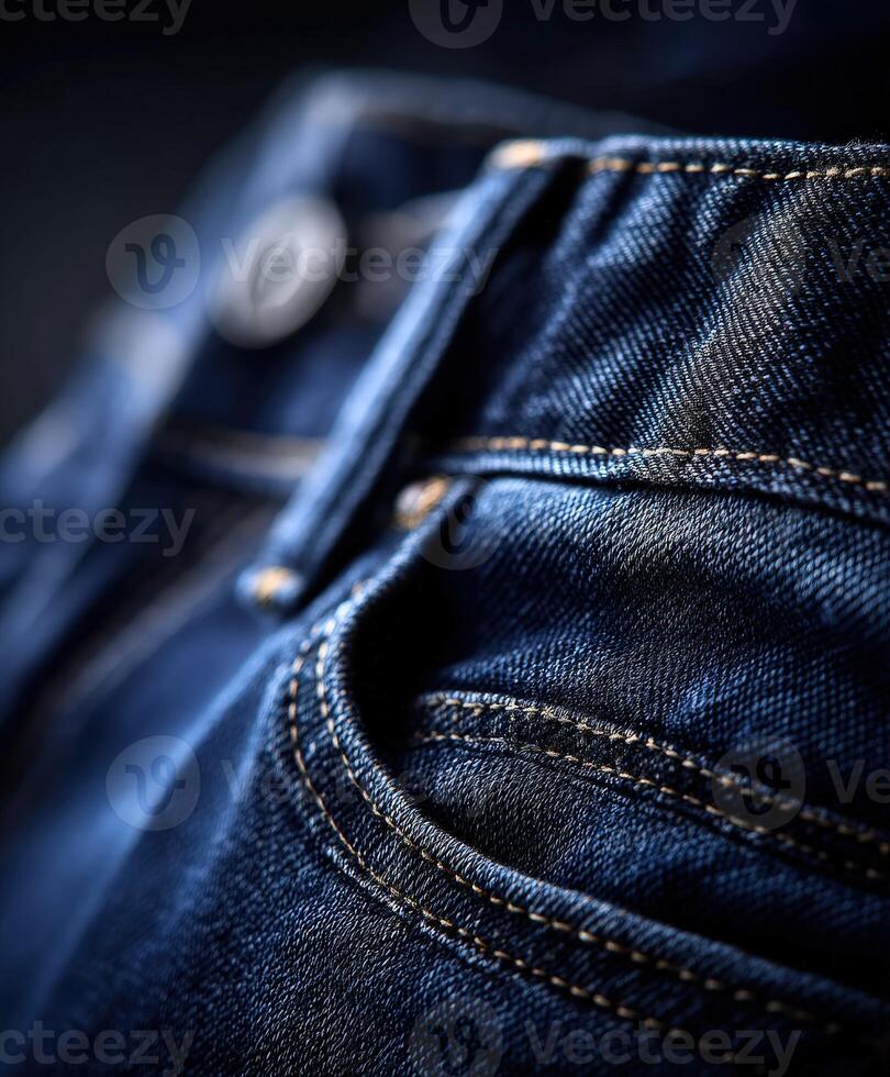 Close-up view of denim jeans highlighting detailed stitching and texture photo