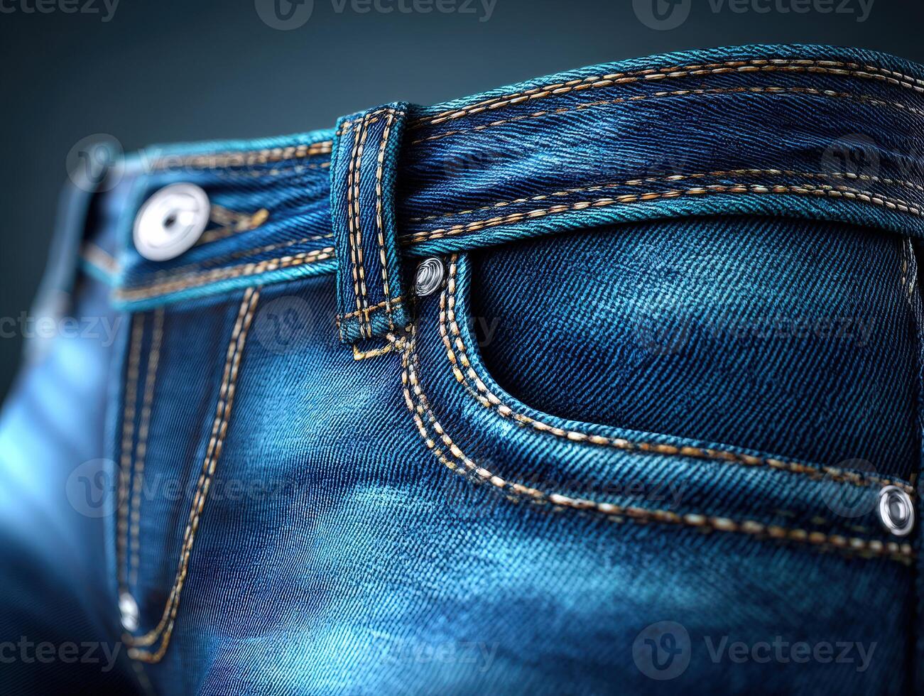 Close-up view of stylish blue jeans with detailed stitching and texture photo