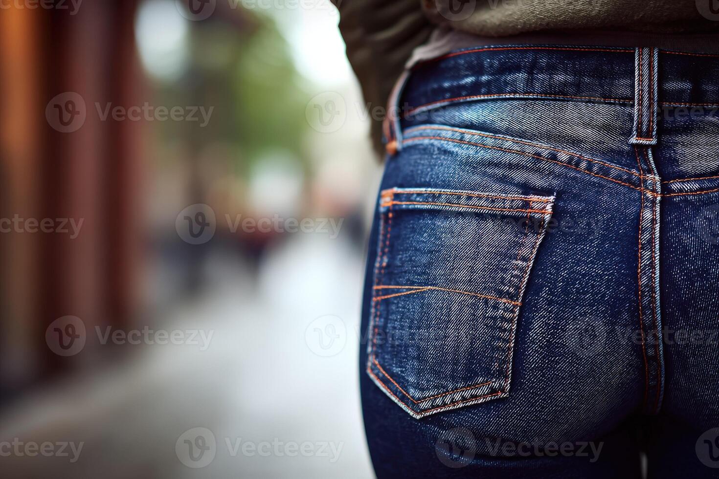 Close-up of denim jeans from a casual walking perspective in urban setting photo