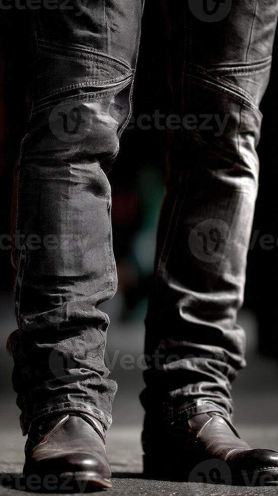 Jeans and stylish boots captured on a runway during a fashion event photo