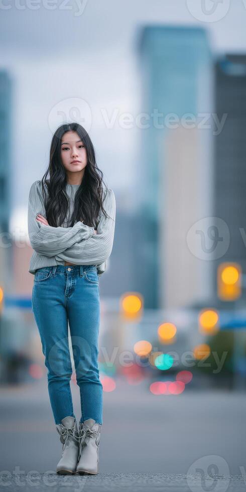Stylish young woman in jeans poses confidently in urban setting photo
