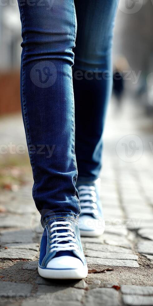 Walking in denim jeans along a cobblestone path in a city photo