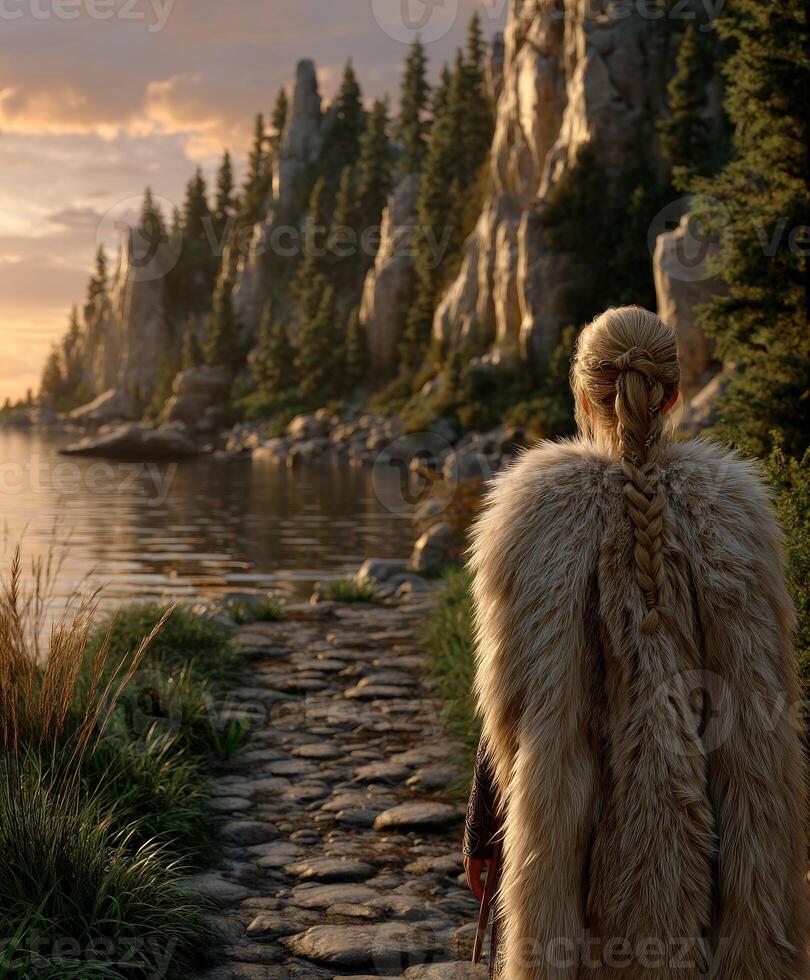 Viking woman in fur cloak stands by tranquil water at sunset photo