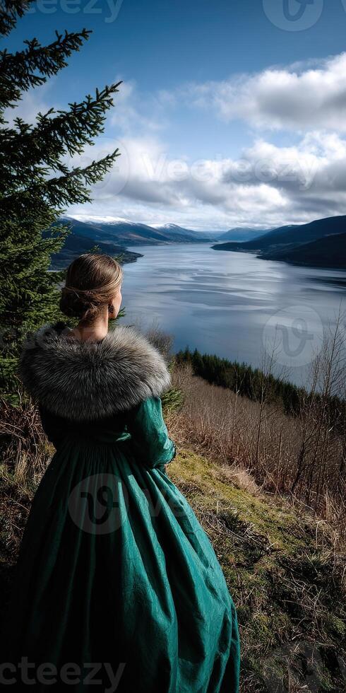 Viking woman gazing over a serene fjord landscape photo
