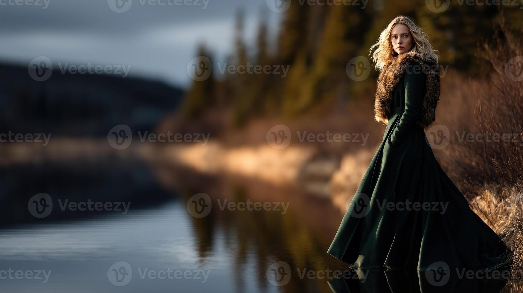 Viking woman in emerald gown by serene lakeside at dusk photo