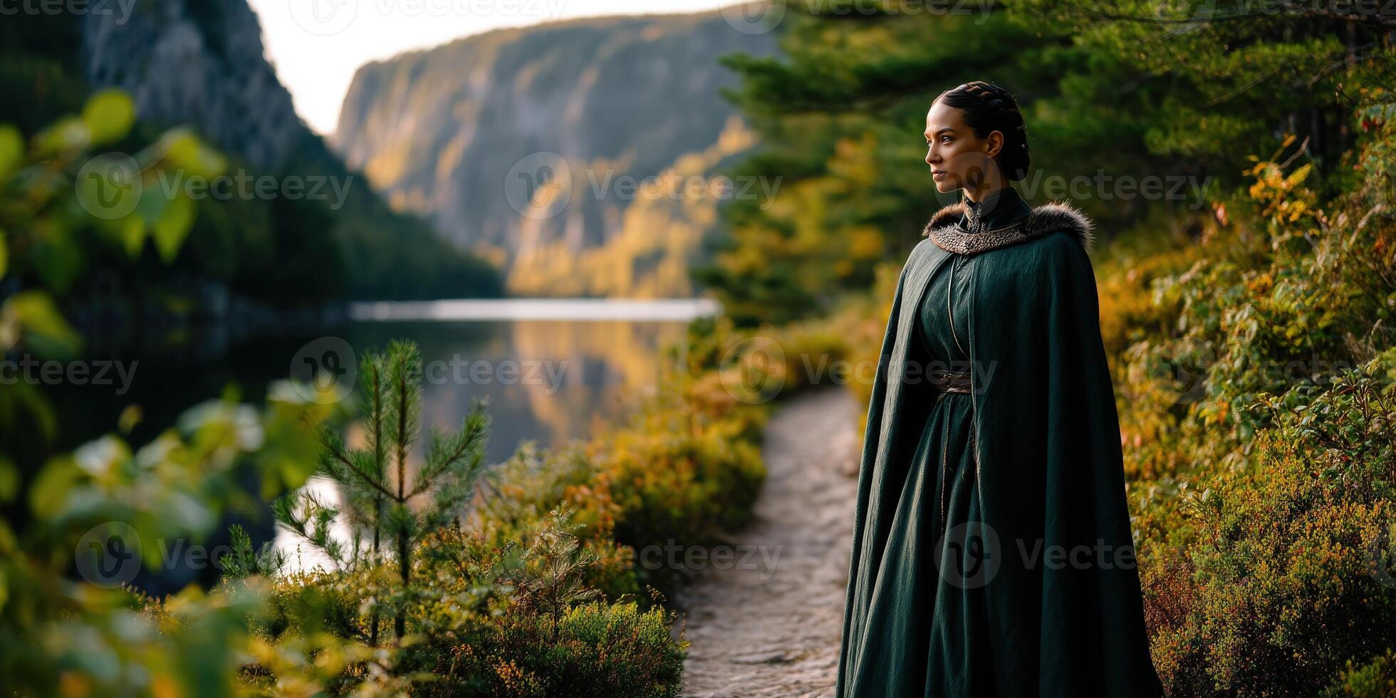 Viking woman standing by a serene river in lush autumn landscape photo