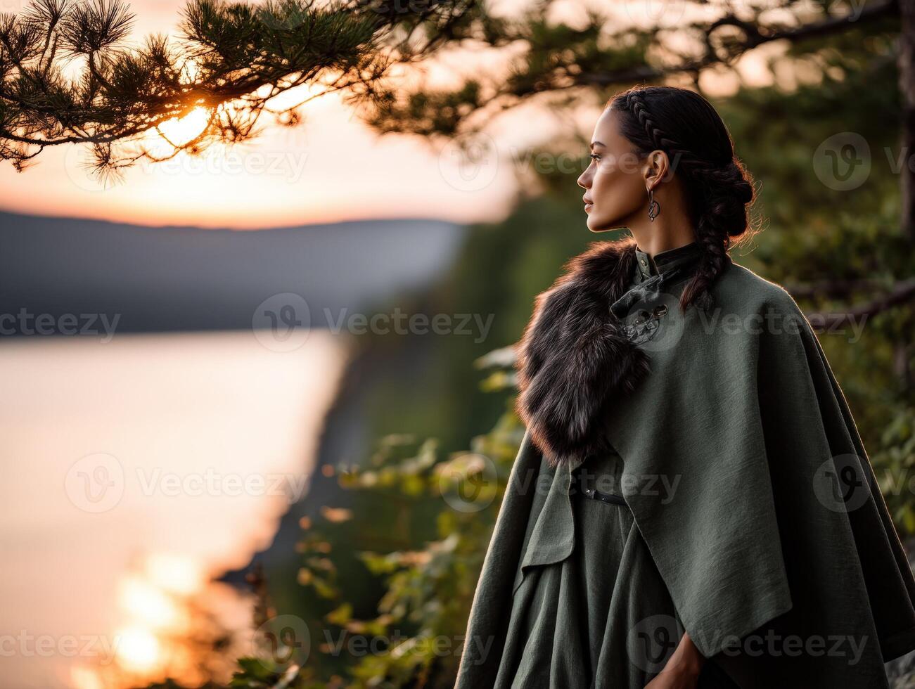 Viking woman standing by a lake at sunset in natural surroundings photo
