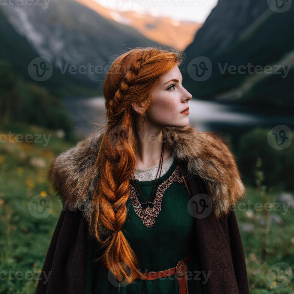 A woman with red hair in a green dress standing in front of a mountain photo