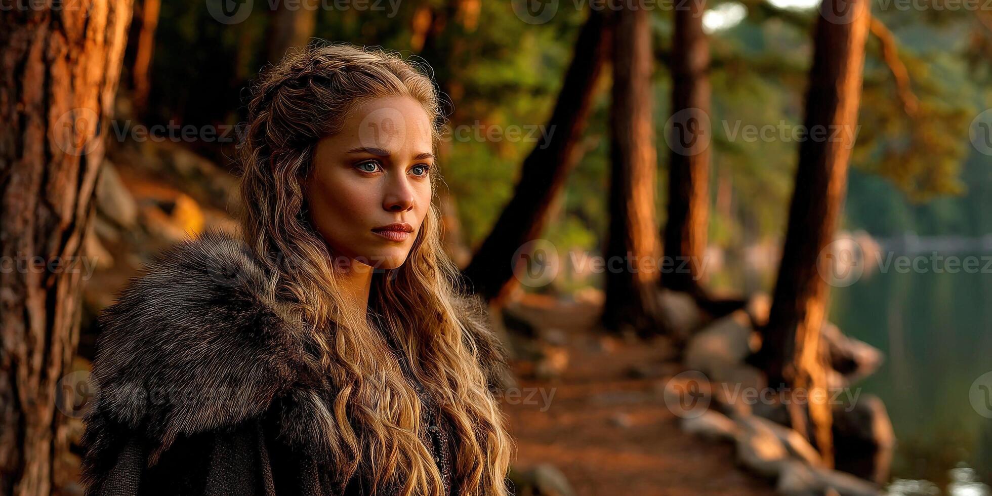 Viking woman standing near a lake surrounded by tall trees at sunset photo