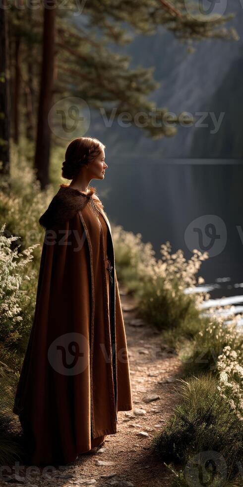 Viking woman contemplating life by serene lakeside in nature photo