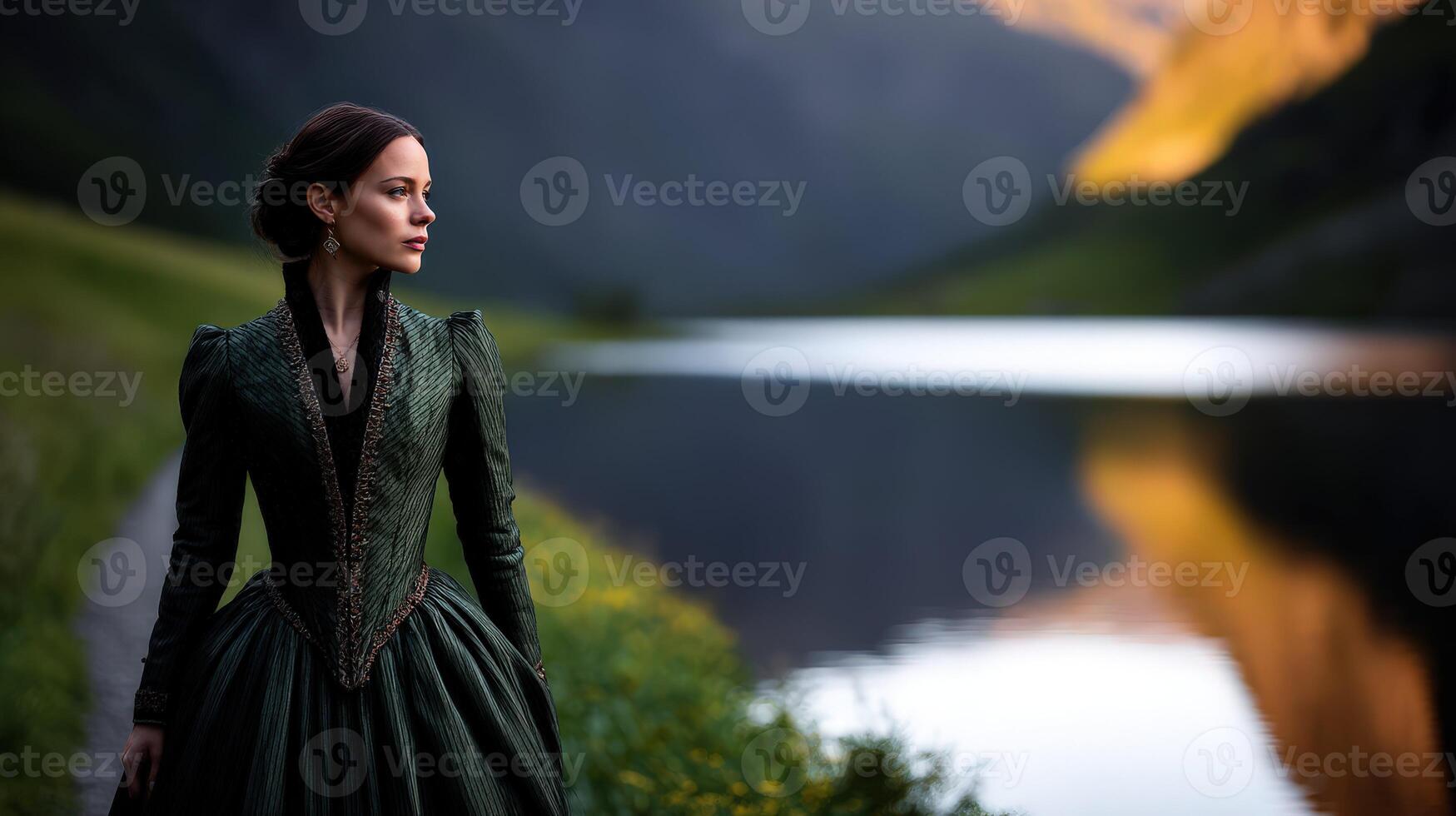 Viking woman stands by tranquil water in stunning mountain landscape photo