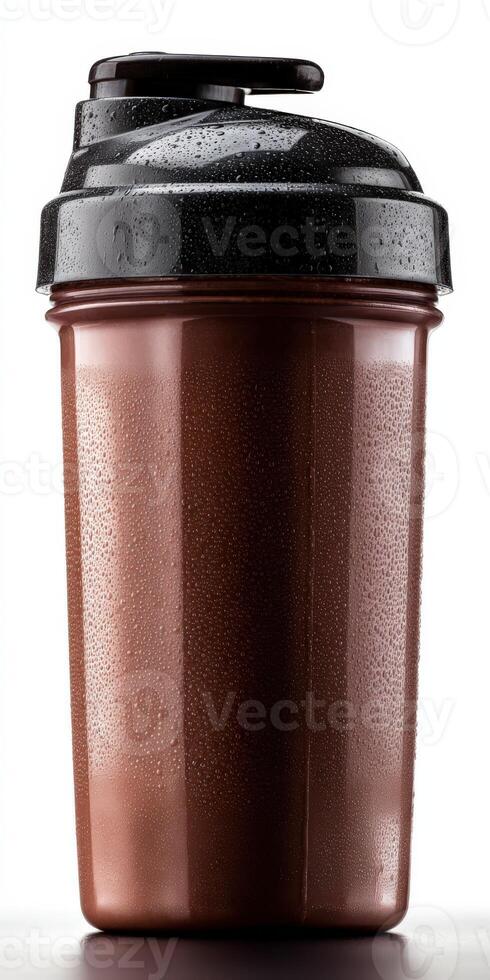 Enjoying a chocolate protein shake in a refreshing gym setting photo
