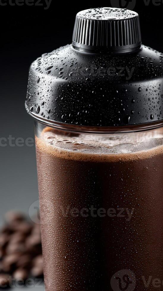 Refreshing protein shake with chocolate flavor in a shaker cup photo