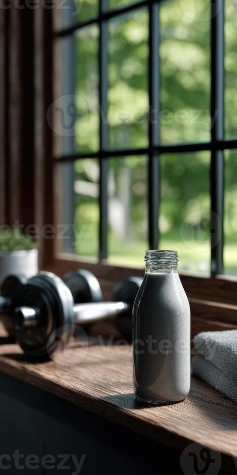 Protein shake on a wooden table next to dumbbells and a towel photo