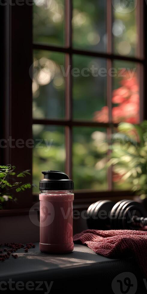 Refreshing protein shake on a workout table with natural light photo