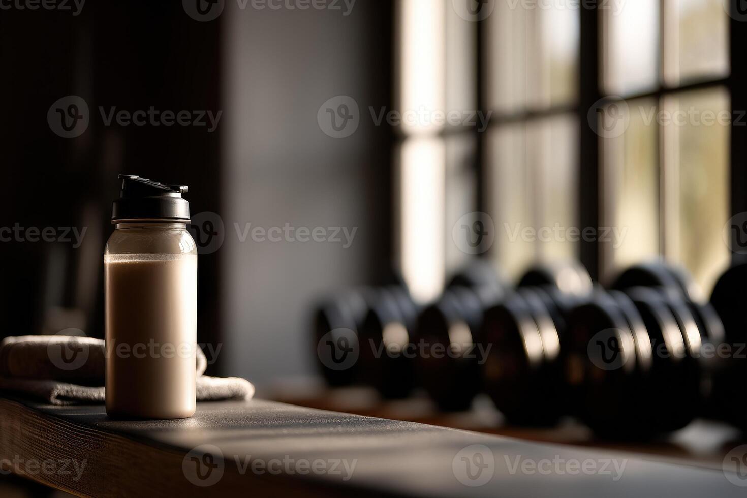 Protein shake on a gym bench with weights in the background during dawn photo