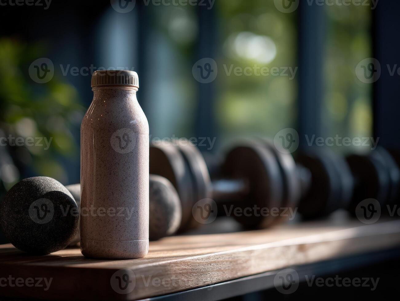 Protein shake on wooden table near dumbbells in fitness space photo