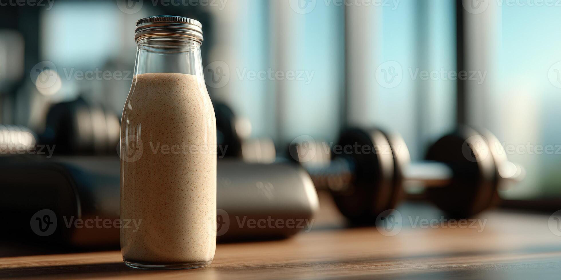Protein shake in a glass bottle with gym equipment in background photo