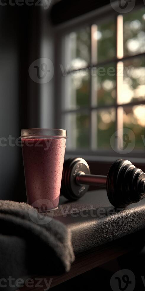 Refreshing protein shake sits near a dumbbell in a home gym setting photo