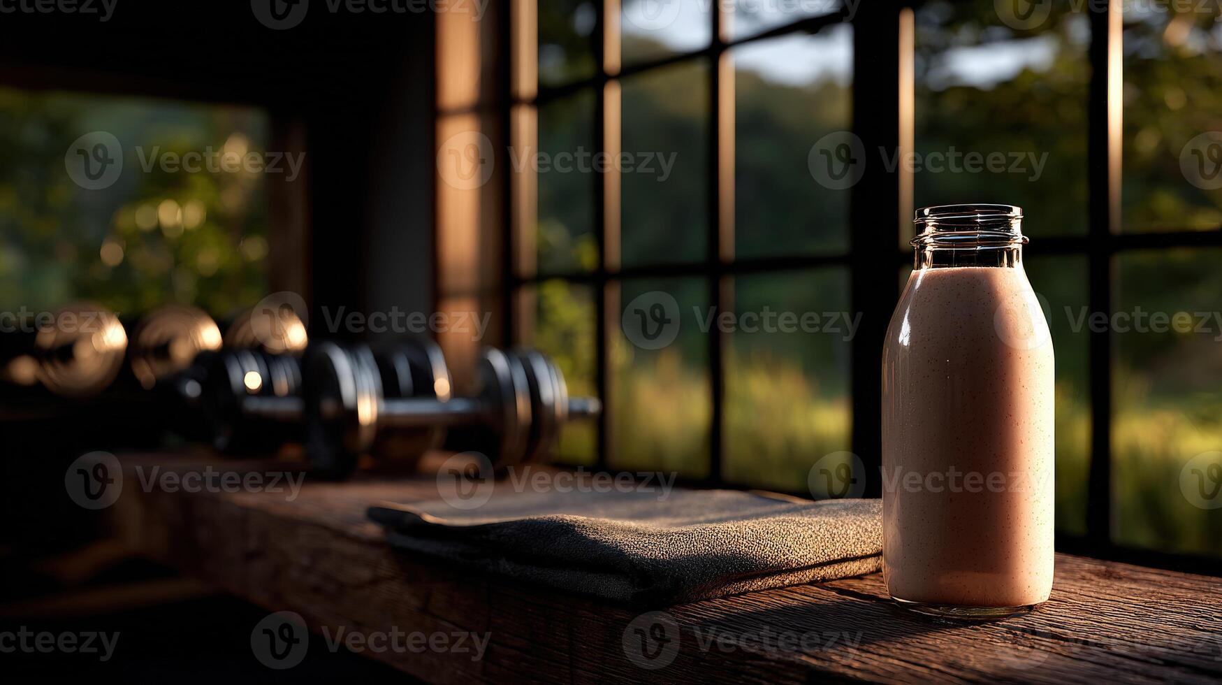 Protein shake resting on a wooden surface near weights in a gym photo