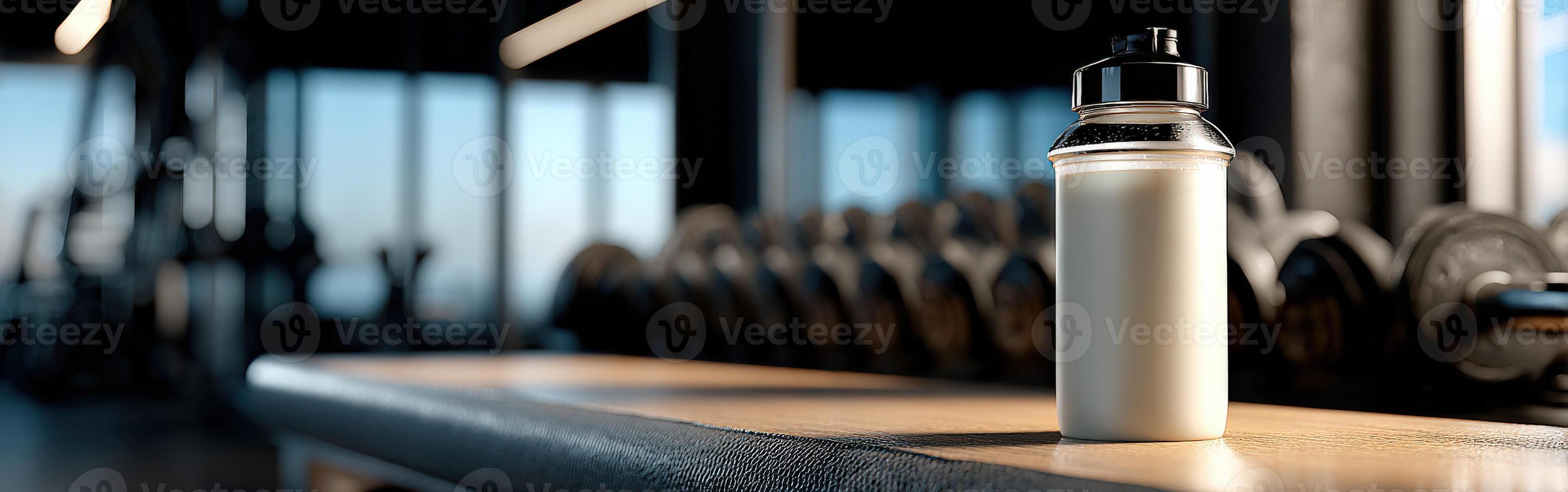Protein shake resting on a bench in a modern gym environment photo