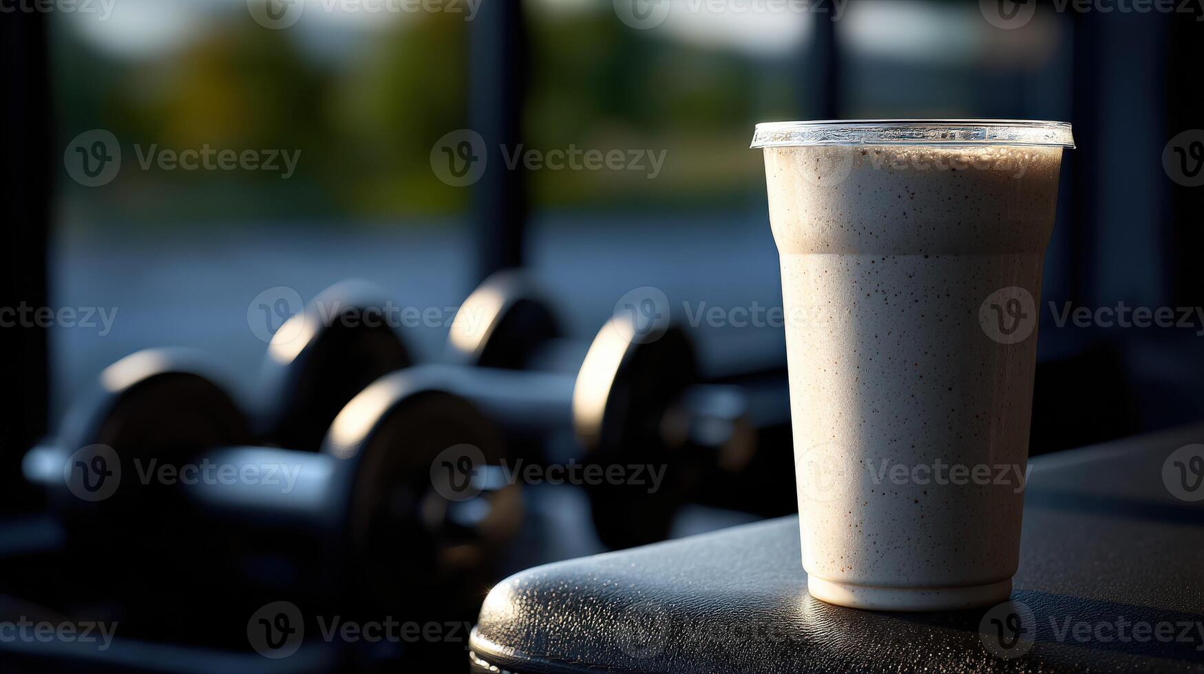 A glass of milk sits on a table in front of a gym photo