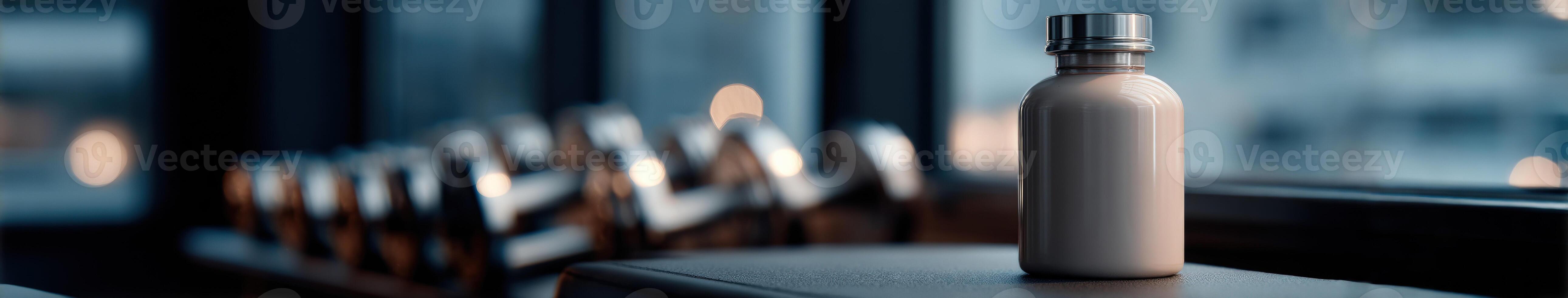 Protein shake sitting on a gym bench with weights in the background photo