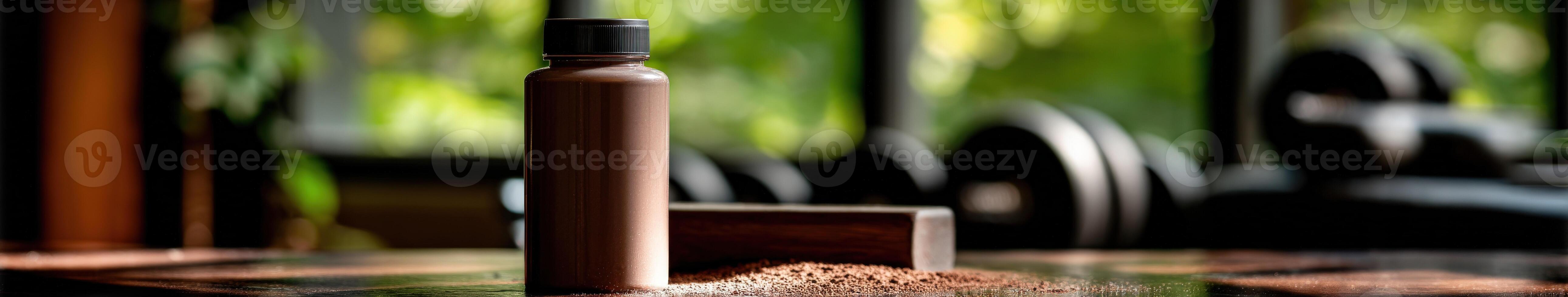 Protein shake container placed on a gym table with weights in background photo