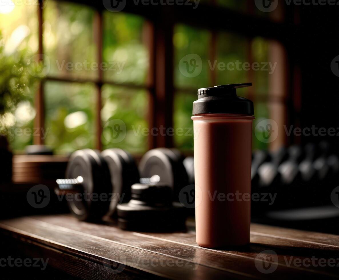 Protein shake sits on a table in a gym during workout hours photo