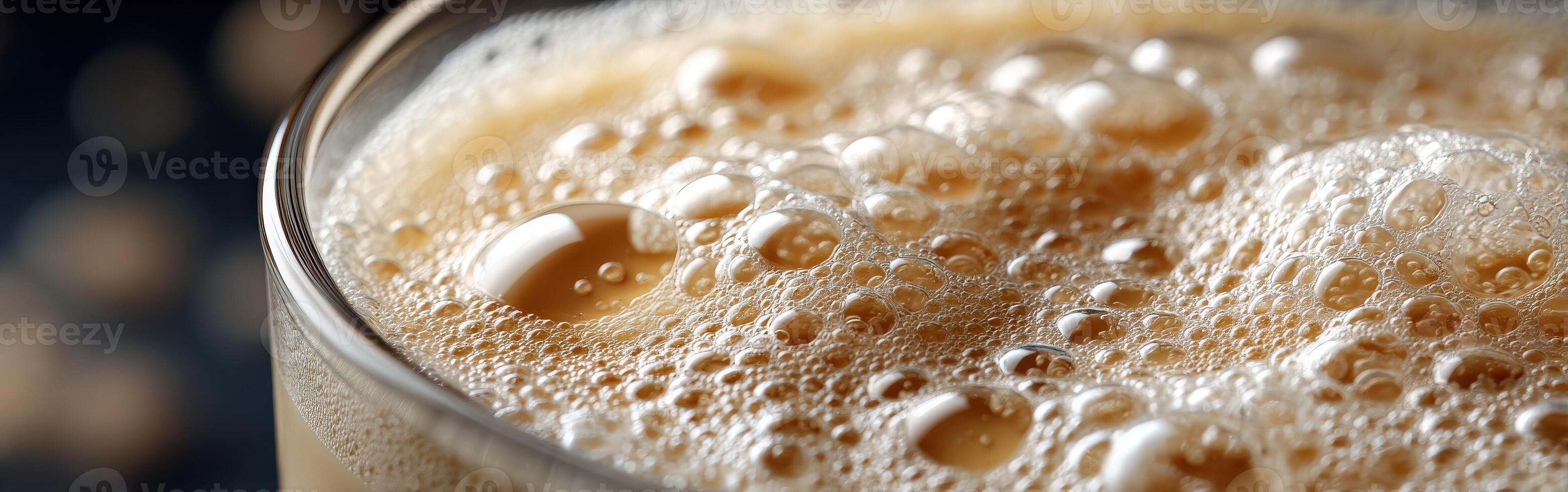 Protein shake preparation with bubbles and texture seen close up photo