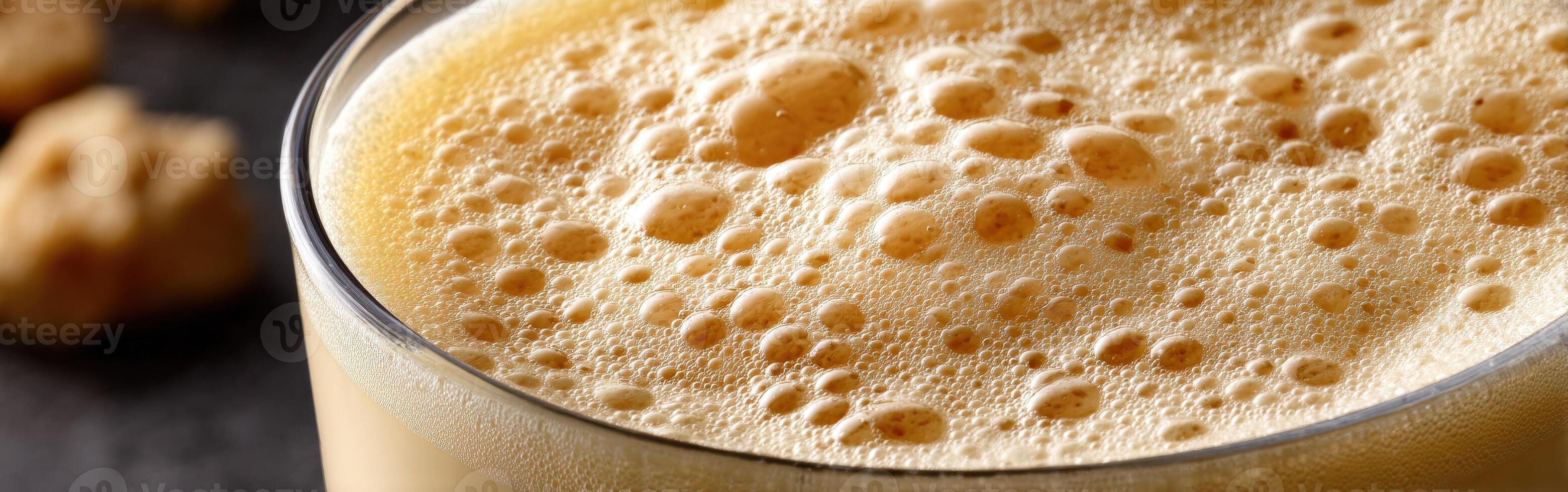 Protein shake filled with bubbles served in a glass on a table photo