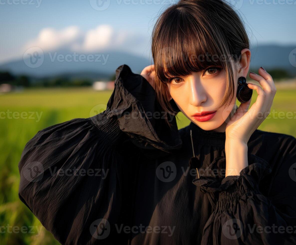 Portrait of a woman in black attire against a scenic backdrop photo