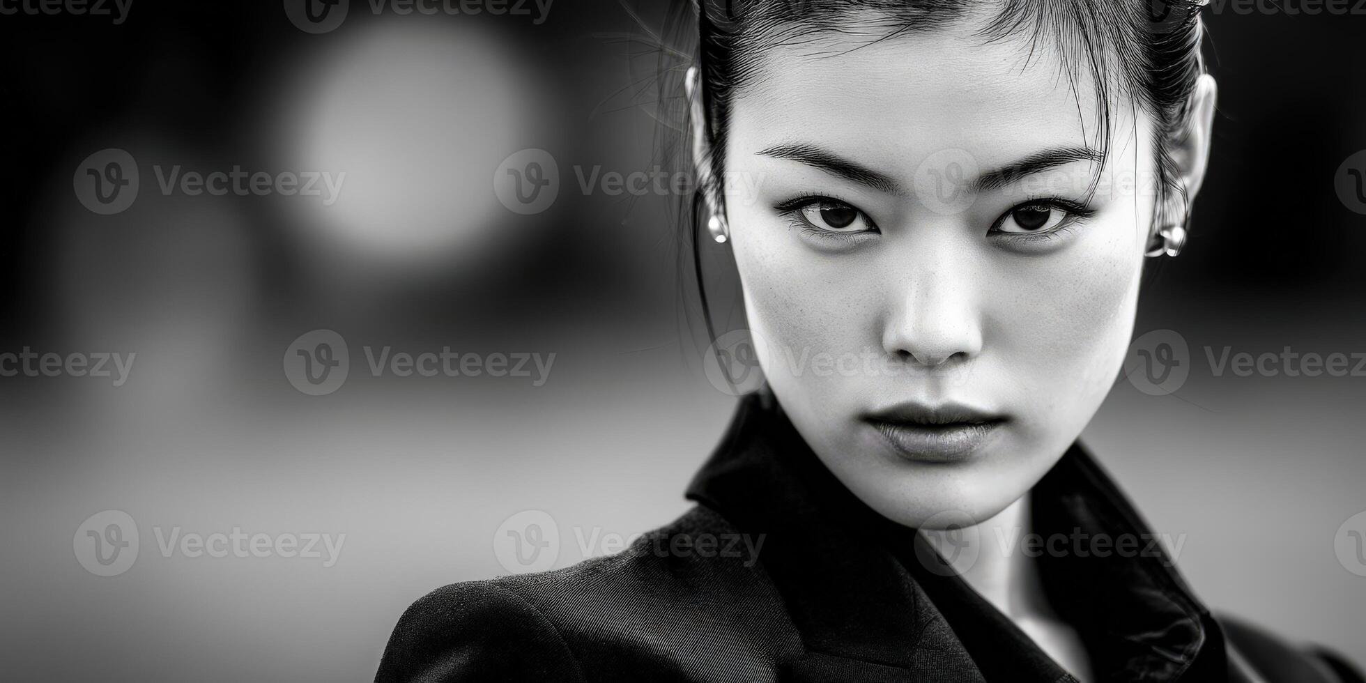 Contrasting elegance shines through intense gaze of woman in black attire photo