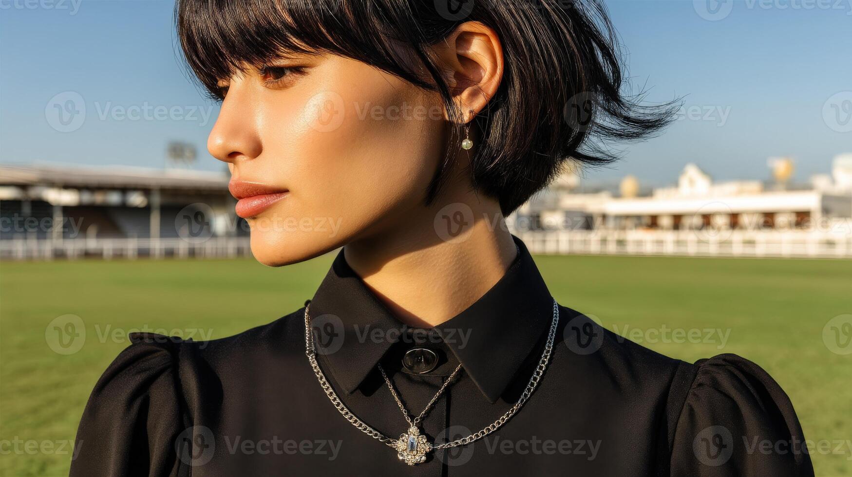 Elegant woman poses in black attire at a sunny outdoor location photo