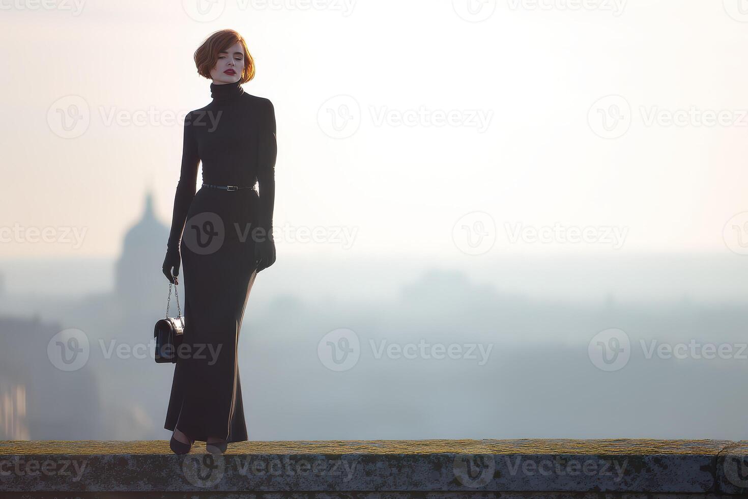 Elegant woman in black attire poses on city skyline at dusk photo