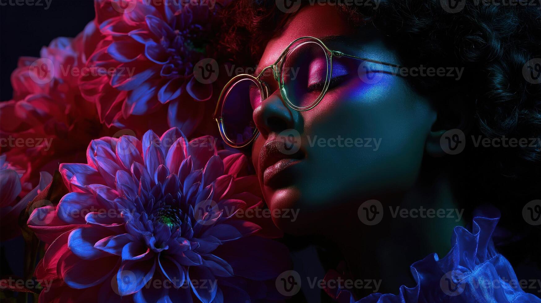 Emotional portrait of a woman with colorful flowers and stylish glasses photo
