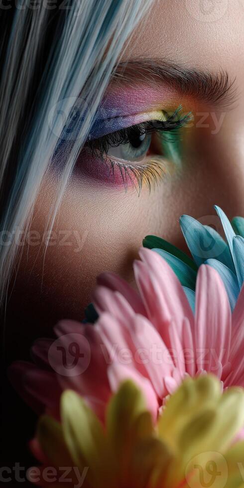 Colorful makeup and flowers create vibrant artistic expression photo